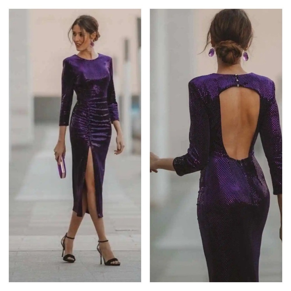 Zara Purple Sequin Midi Dress Open Back Slit Long Sleeve XS Party